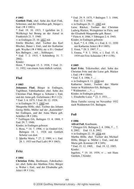 Ortsfamilienbuch Endingen 1600 - 1940 - Godfrey Memorial Library