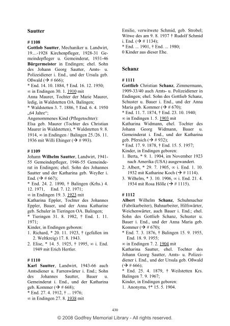 Ortsfamilienbuch Endingen 1600 - 1940 - Godfrey Memorial Library