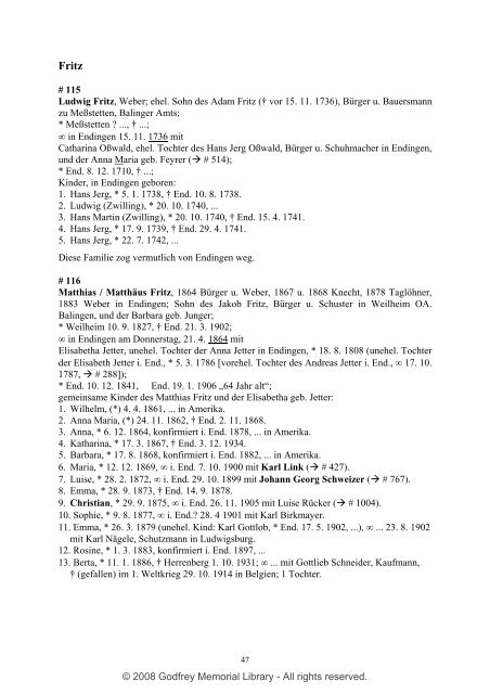 Ortsfamilienbuch Endingen 1600 - 1940 - Godfrey Memorial Library