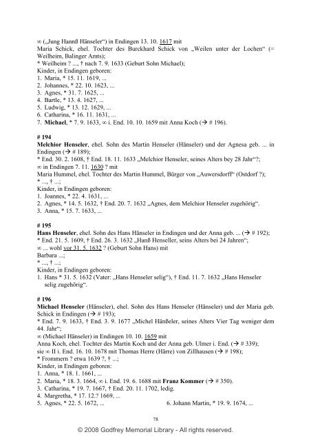 Ortsfamilienbuch Endingen 1600 - 1940 - Godfrey Memorial Library