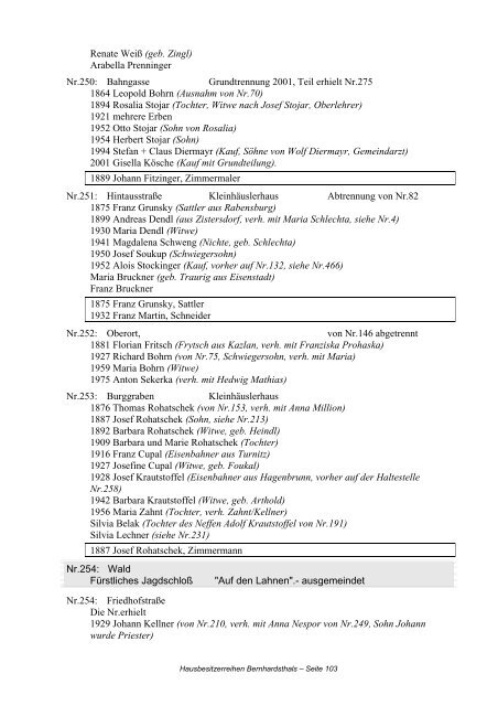 Hausbesitzerreihen in Bernhardsthal ab 1605 - Friedl Dieter