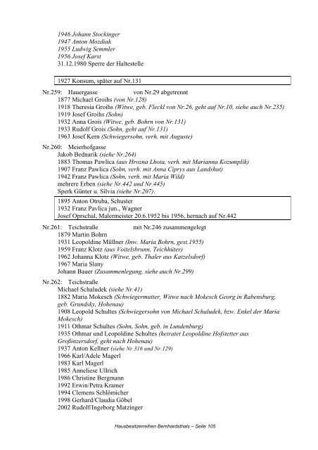 Hausbesitzerreihen in Bernhardsthal ab 1605 - Friedl Dieter