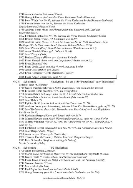 Hausbesitzerreihen in Bernhardsthal ab 1605 - Friedl Dieter