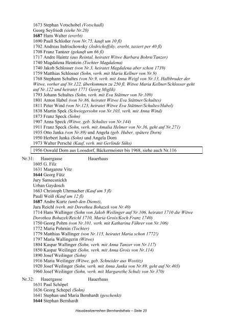 Hausbesitzerreihen in Bernhardsthal ab 1605 - Friedl Dieter