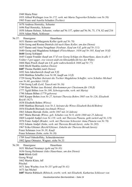 Hausbesitzerreihen in Bernhardsthal ab 1605 - Friedl Dieter