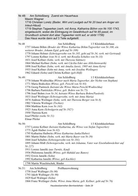 Hausbesitzerreihen in Bernhardsthal ab 1605 - Friedl Dieter