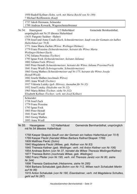 Hausbesitzerreihen in Bernhardsthal ab 1605 - Friedl Dieter