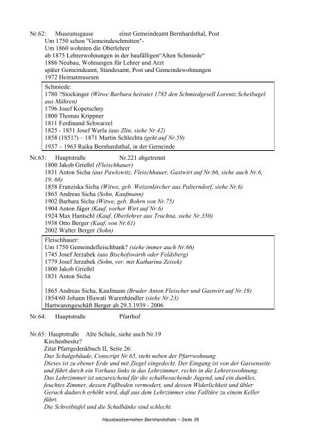 Hausbesitzerreihen in Bernhardsthal ab 1605 - Friedl Dieter