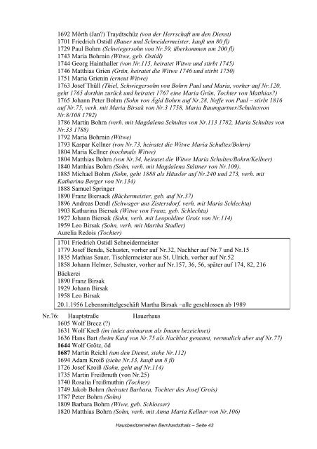 Hausbesitzerreihen in Bernhardsthal ab 1605 - Friedl Dieter