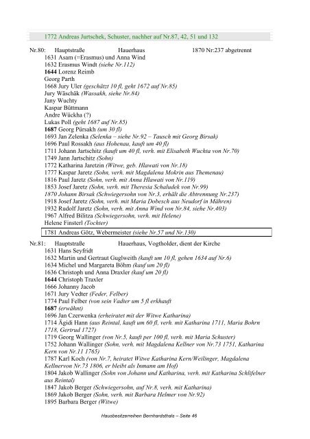 Hausbesitzerreihen in Bernhardsthal ab 1605 - Friedl Dieter