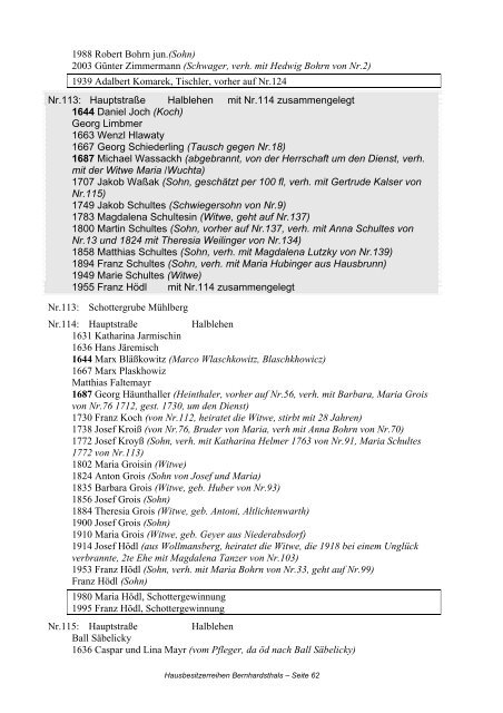 Hausbesitzerreihen in Bernhardsthal ab 1605 - Friedl Dieter