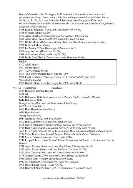 Hausbesitzerreihen in Bernhardsthal ab 1605 - Friedl Dieter