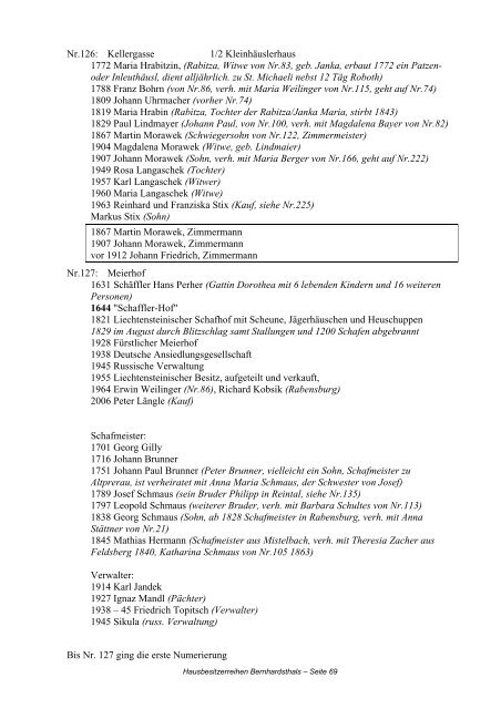 Hausbesitzerreihen in Bernhardsthal ab 1605 - Friedl Dieter