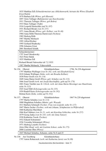 Hausbesitzerreihen in Bernhardsthal ab 1605 - Friedl Dieter