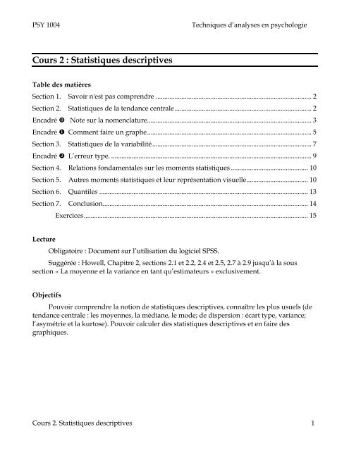 Cours 2 : Statistiques descriptives - Université d'Ottawa