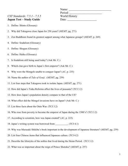 Japan Test - Study Guide - TheMattHatters