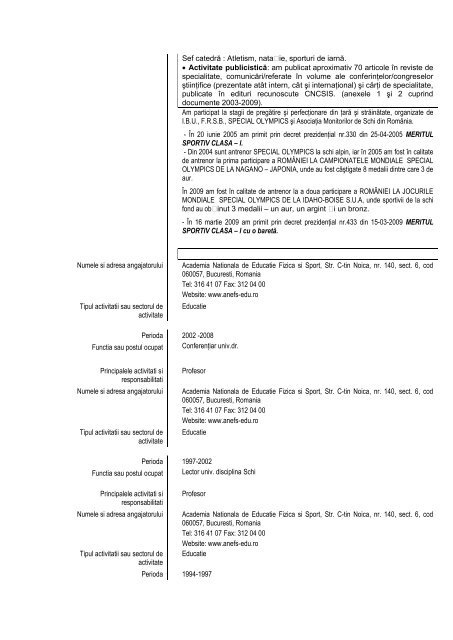 Curriculum vitae Europass PELIN FLORIN - UNEFS Bucuresti