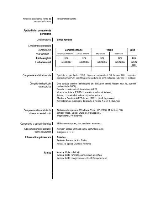 Curriculum vitae Europass PELIN FLORIN - UNEFS Bucuresti