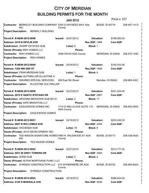 CITY OF MERIDIAN BUILDING PERMITS FOR THE MONTH