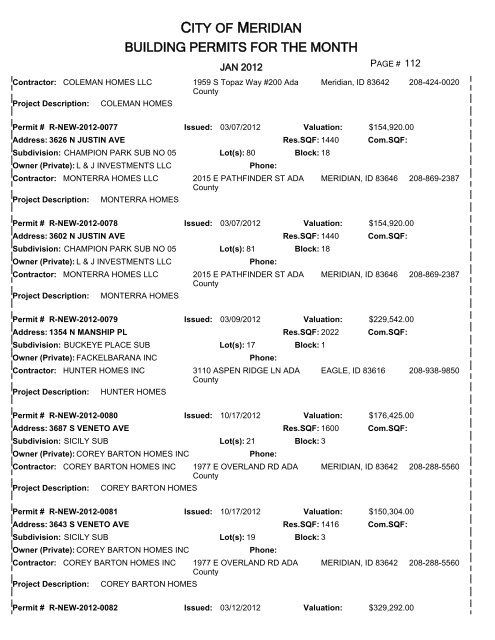 CITY OF MERIDIAN BUILDING PERMITS FOR THE MONTH