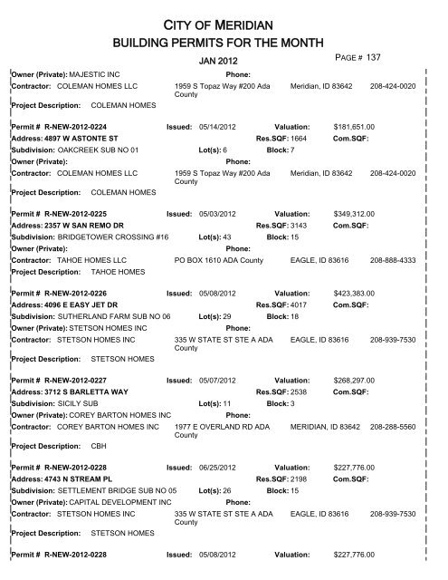 CITY OF MERIDIAN BUILDING PERMITS FOR THE MONTH