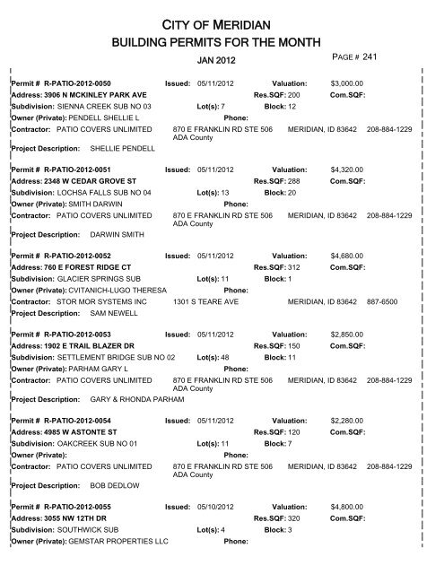 CITY OF MERIDIAN BUILDING PERMITS FOR THE MONTH