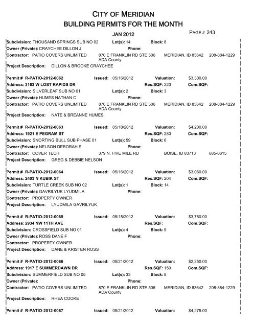 CITY OF MERIDIAN BUILDING PERMITS FOR THE MONTH