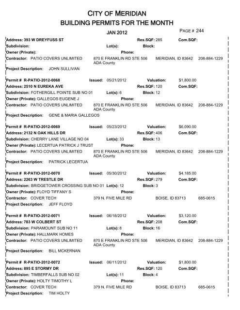 CITY OF MERIDIAN BUILDING PERMITS FOR THE MONTH