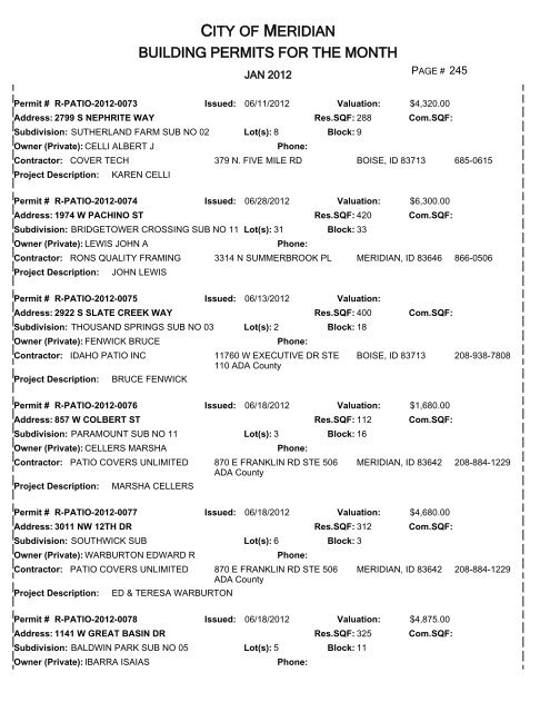 CITY OF MERIDIAN BUILDING PERMITS FOR THE MONTH