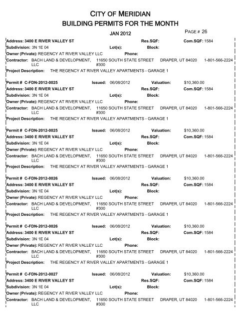 CITY OF MERIDIAN BUILDING PERMITS FOR THE MONTH