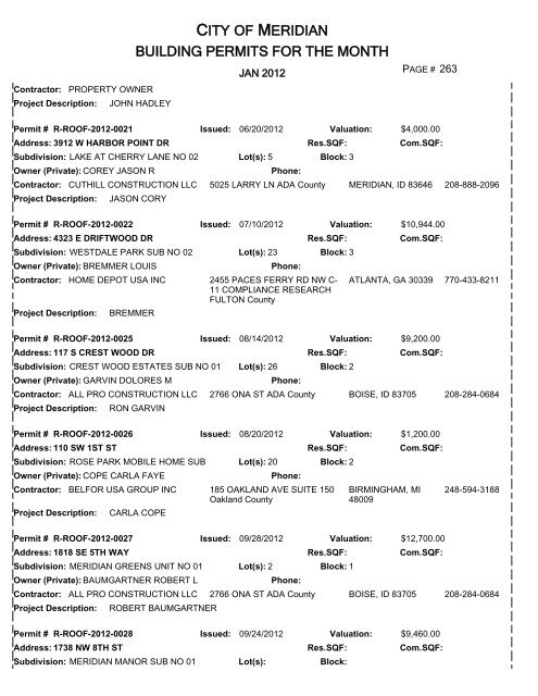 CITY OF MERIDIAN BUILDING PERMITS FOR THE MONTH