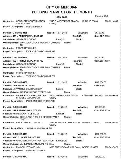 CITY OF MERIDIAN BUILDING PERMITS FOR THE MONTH