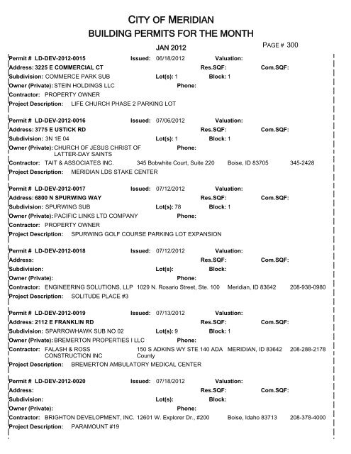 CITY OF MERIDIAN BUILDING PERMITS FOR THE MONTH