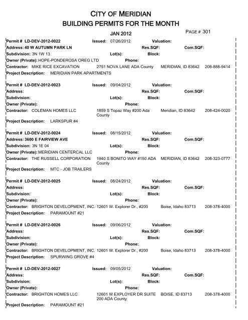 CITY OF MERIDIAN BUILDING PERMITS FOR THE MONTH