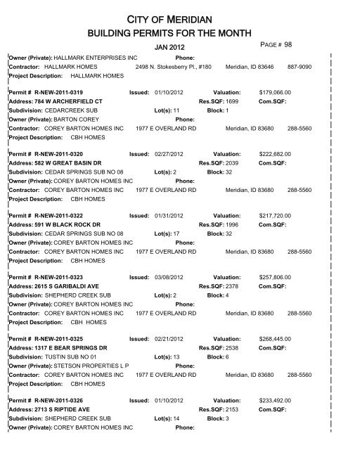 CITY OF MERIDIAN BUILDING PERMITS FOR THE MONTH