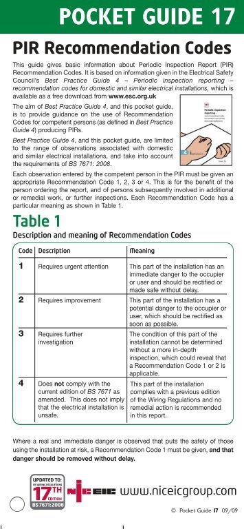 Pocket guide 17: PIR Recommendation Codes - NICEIC