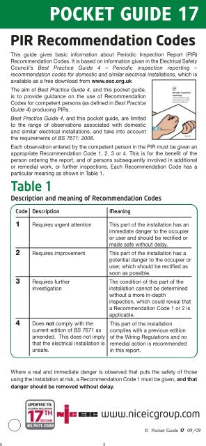 Pocket guide 17: PIR Recommendation Codes - NICEIC