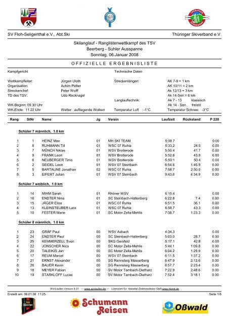 SV Floh-Seligenthal e.V., Abt.Ski ThÃ¼ringer Skiverband e.V. ...