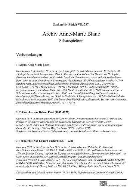 VII.237. Archiv Anne-Marie Blanc.pdf - Stadt Zürich