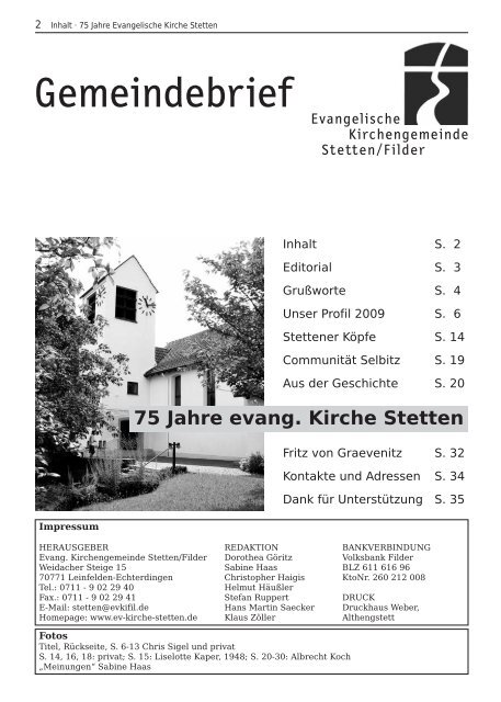 75 Jahre evangelische Kirche Stetten/Filder 1934 – 2009