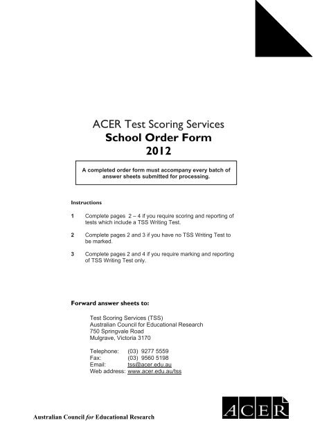 ACER Test Scoring Services School Order Form 2012