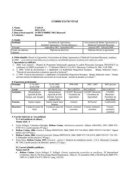 Cv Casian Hellene Pdf Facultatea De Agricultura Aƒ
