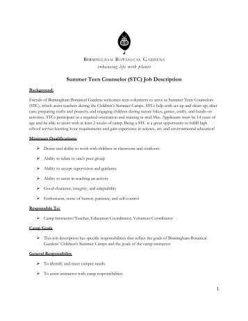 Summer Teen Counselor (STC) Job Description - Birmingham ...