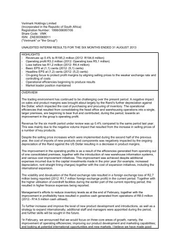 Verimark Holdings Limited (Incorporated in the Republic of South ...