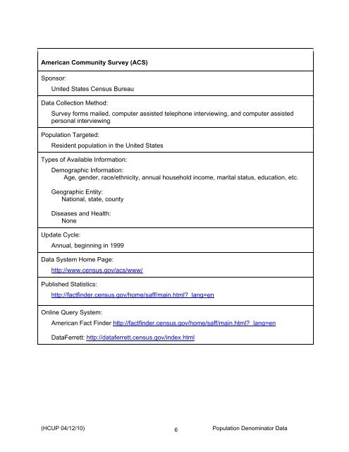 Population Denominator Data for Use with the HCUP Databases