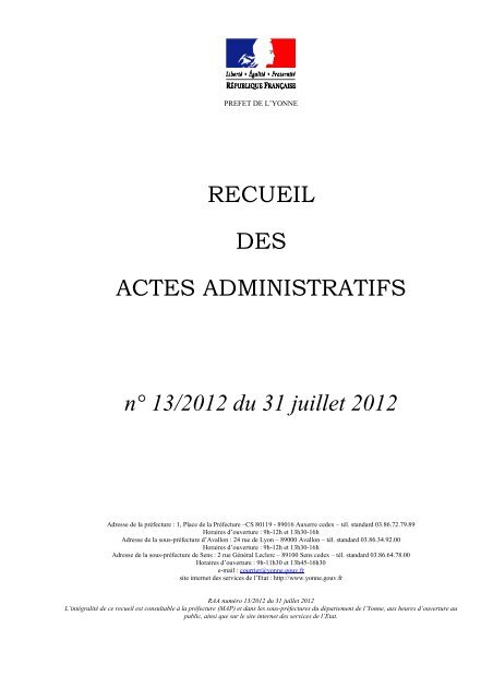 Recueil nÂ°13 du 31 juillet 2012 - PrÃ©fecture de l'Yonne