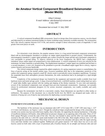 An Amateur Vertical Component Broadband Seismometer - Mercer ...