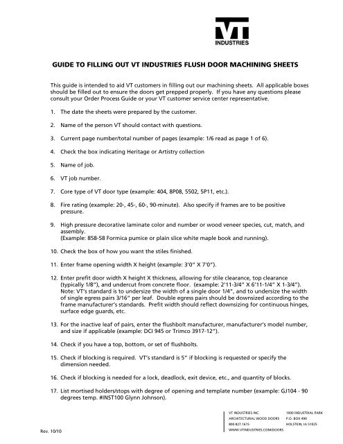 Flush Door Machining Sheet Guide Vt Industries Inc