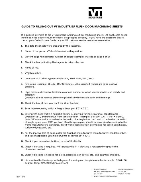 Flush Door Machining Sheet Guide - VT Industries Inc