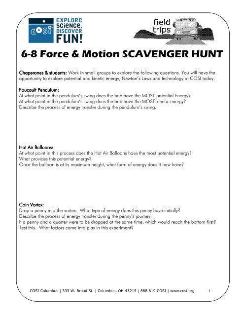 6-8 Force & Motion SCAVENGER HUNT - COSI